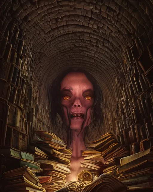 Image similar to highly detailed surreal vfx portrait of a creepy monster in a catacomb of books, stephen bliss, unreal engine, greg rutkowski, loish, rhads, beeple, makoto shinkai and lois van baarle, ilya kuvshinov, rossdraws, tom bagshaw, alphonse mucha, global illumination, detailed and intricate environment