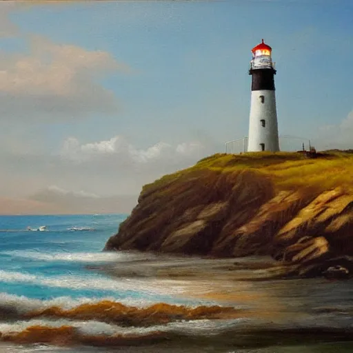 Prompt: painting of a coastal landscape with a lighthouse, by Aleksander Rostov