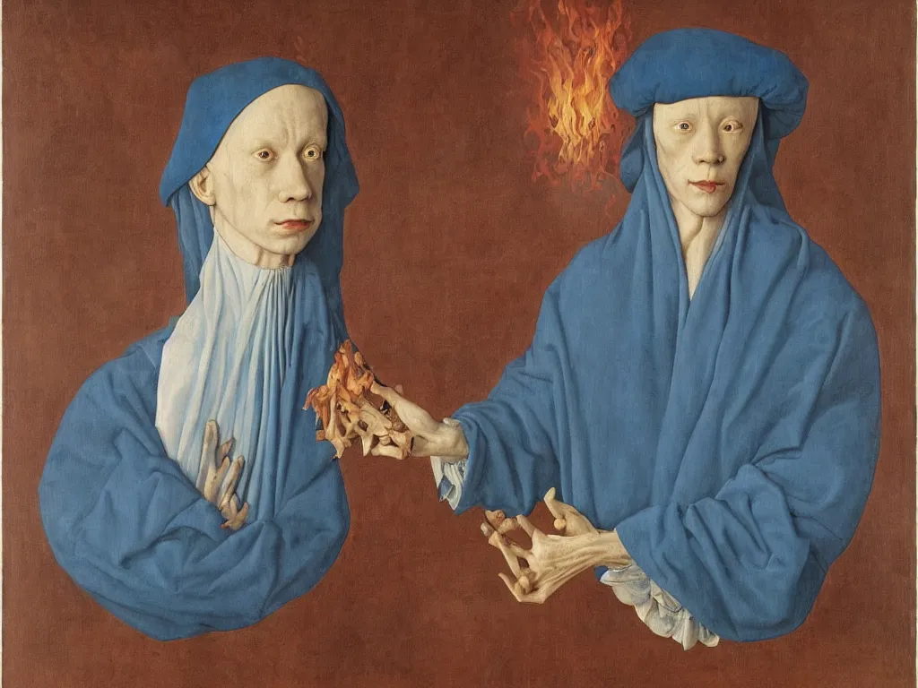 Image similar to Portrait of albino mystic with blue eyes, with flames. Painting by Jan van Eyck, Audubon, Rene Magritte, Agnes Pelton, Max Ernst, Walton Ford