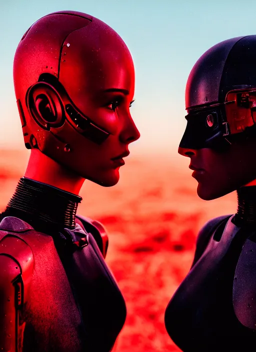 Image similar to cinestill 5 0 d photographic portrait of two loving female androids wearing rugged black techwear on a desolate plain with a red sky, showing some skin, extreme closeup, modern cyberpunk, dust storm, 8 k, hd, high resolution, 3 5 mm, f / 3 2, ultra realistic faces, ex machina, blade runner