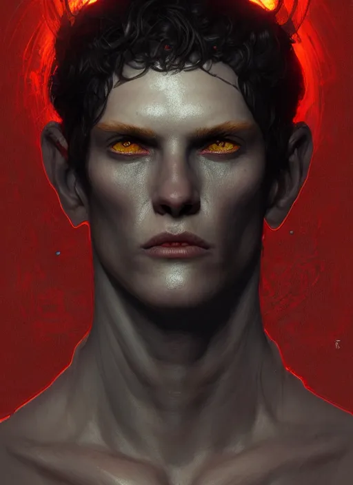 Prompt: a portrait of hell boy, intricate, highly detailed, ray tracing, digital painting, artstation, concept art, smooth, sharp focus, illustration, art by artgerm and greg rutkowski and alphonse mucha, 8 k
