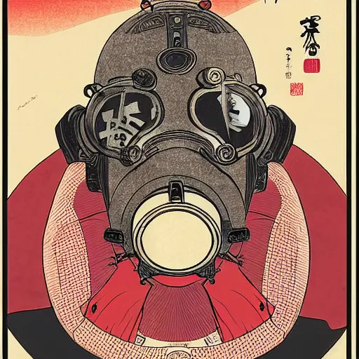 Image similar to Gas mask in Ukiyo-e style, haunting + insanely detailed and intricate, movie poster style,