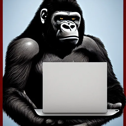 Image similar to gorilla dnd character, technomancer, working on laptop, profile, detailed illustration