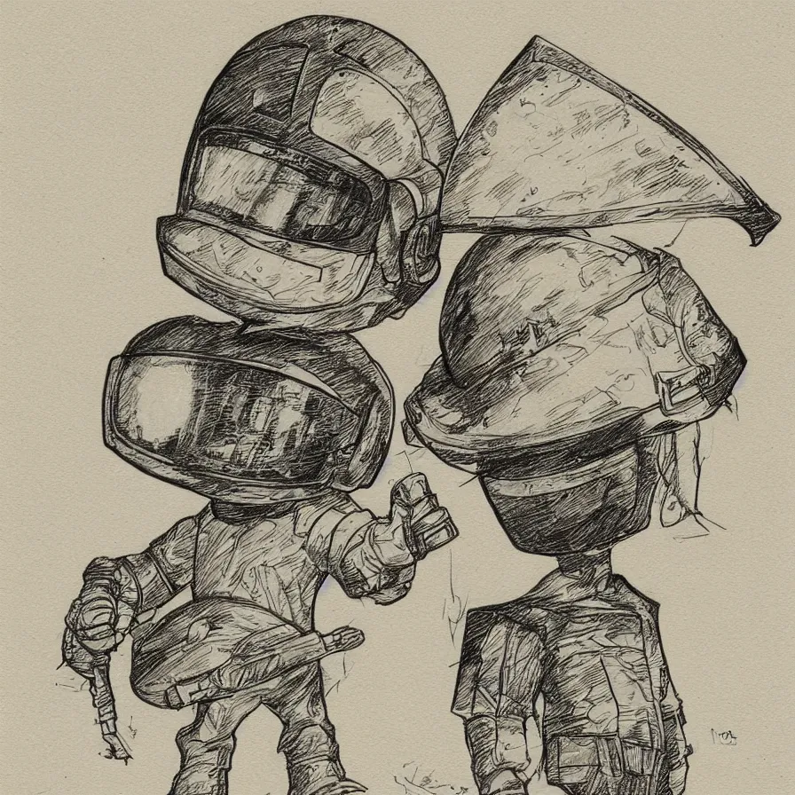 Image similar to sketch of a cute chibi dnd daft punk gnome wearing a helmet, dancing, etching by louis le breton, moebius 1 8 6 9, 1 2 0 0 dpi scan