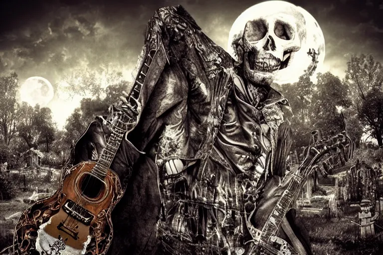 Prompt: skeleton in leather jacket with guitars in the hands in a cemetery, evil guitar, evil rock concert, dark night, full moon, the oak tree, highly detailed digital art, photorealistic