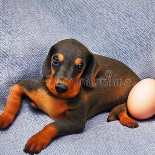 Image similar to eggs cracking open with baby dachshunds inside. baby dachshunds hatching. professional photography