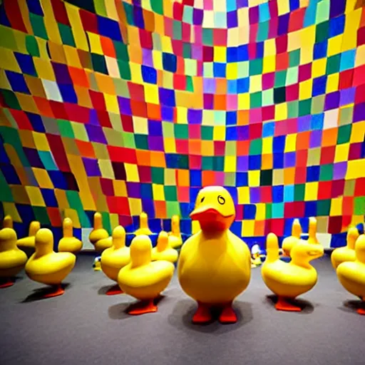 Prompt: wide shot, one! photorealistic rubber duck in foreground in cavernous museum, the walls are covered floor to ceiling with colorful tesselated geometric wall paintings in the style of sol lewitt, tall arched stone doorways, through the doorways are more mural paintings in the style of sol lewitt.