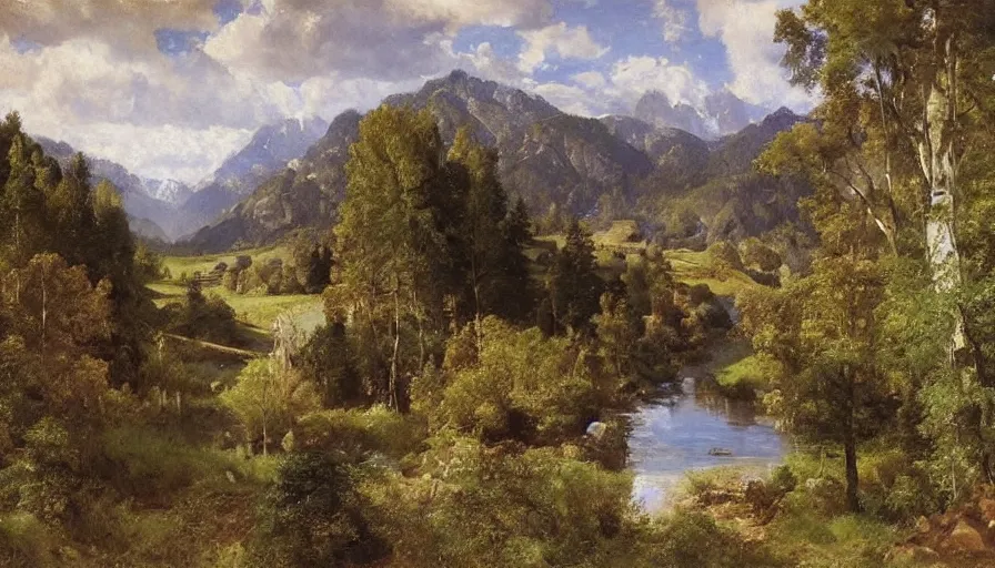 Prompt: a beautiful valley by eugene von guerard, ivan shishkin, john singer sargent