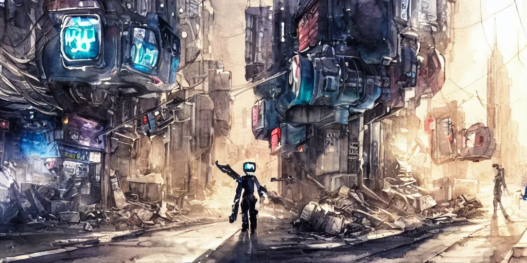 Image similar to watercolour painting of a broken robot repairing its own arm in a post apocalyptic city street, anime, pencil lines, light watercolour, pale sky, beautiful artwork, anime screenshot, akihabara