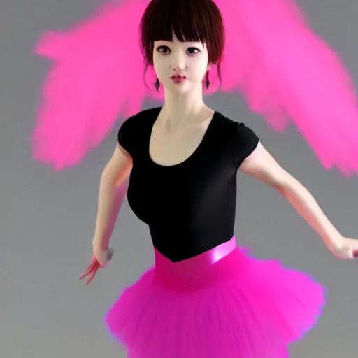 Image similar to 3 d jimin as a ballerina dancer wearing a pink skirt in a black themed stage, highly detailed, octane render