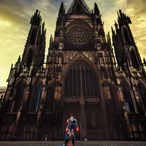 Image similar to a hyper real comic book style portait painting of the cathedral of cologne germany in the distant future with future buildings next to it, unreal 5, hyperrealistic, octane render, cosplay, rpg portrait, dynamic lighting