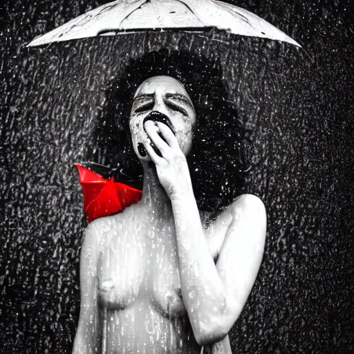 Prompt: photo of full body of a crying clown under the rain with a broken umbrella, black and white red color splash, dramatic lightning, melancholic