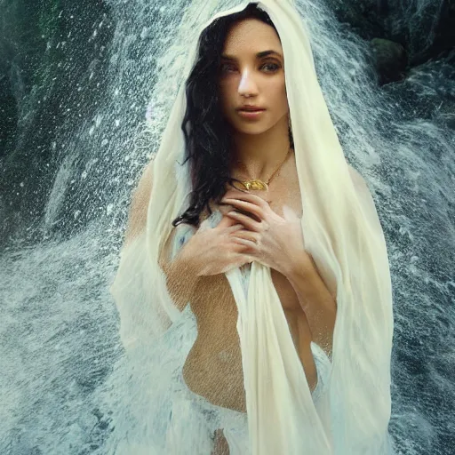 Prompt: beautiful Arab woman, white transparent veil black hair, bathing in a waterfall, ethereal, emotive, fine art, water mist, mystical, Romanticism, natural light, cinematic lighting, ultra detailed, highly detailed, sharp focus, golden background with flowers, golden jewellery with blue sapphires, photographic, art by artgerm and greg rutkowski and zdislav beksinski