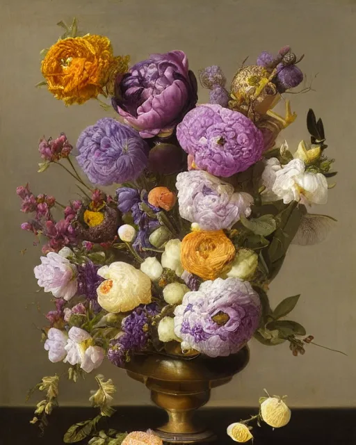 Image similar to still - life of bouquet of lilac and ranunculus with honeycomb bees and birds feathers, rachel ruysch, dark, moody