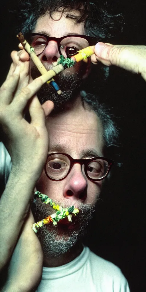 Image similar to award winning photo of todd solondz charlie kaufman smoking weed, vivid colors, happy, symmetrical face, beautiful eyes, studio lighting, wide shot art by Sally Mann & Arnold Newman