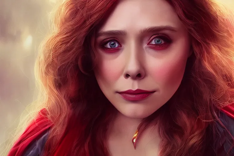 Image similar to movie still of elizabeth olsen as scarlet witch rewriting the fabric of reality, photorealistic art style, fantasy aesthetic. full - body photography, comprehensive art, thorough details, intricate, artstation, cgsociety contest winner