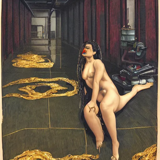 Prompt: dark green steamy hi-tech sci-fi lab at night, realistic gustave coubert painting of hideous and sick black onyx skin woman dressed in rags exposed guts crawling in two legs and dripping golden metalic fluid from intestine into a puddle of golden liquid on the floor. Smokey atmosphere