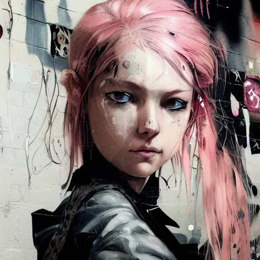 Prompt: highly detailed portrait of a moody post-cyberpunk young lady with a wavy blonde hair, by Dustin Nguyen, Akihiko Yoshida, Greg Tocchini, Greg Rutkowski, Cliff Chiang, 4k resolution, nier inspired, graffiti inspired, punk inspired, vibrant but dreary but upflifting lightning pink, black and white color scheme!!! ((Graffiti tag brick wall background))