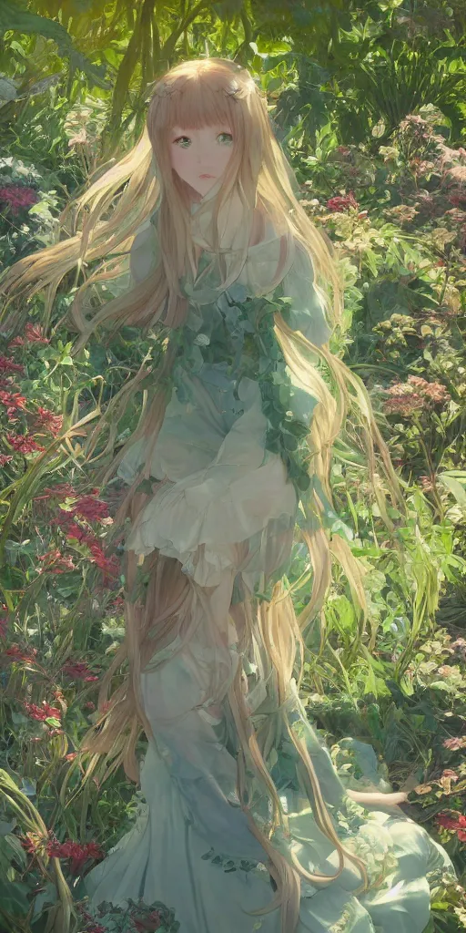 Image similar to a digital art of a loli with long hair in a dress in the privet garden at after noon, green and warm theme, back lighting, by krenz cushart and mucha and akihito yoshida and greg rutkowski and makoto shinkai, extremely long shot, detailed eyes, 4 k resolution, trending on art station