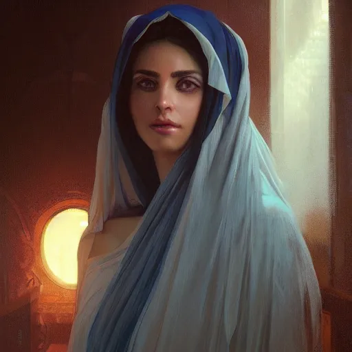 Prompt: a Photorealistic dramatic hyperrealistic render of an arab ameera al taweel, blue eyes, black wavy hair, white veil,by WLOP,Artgerm,Greg Rutkowski,Alphonse Mucha, Beautiful dynamic dramatic dark moody lighting,shadows,cinematic atmosphere,Artstation,concept design art,Octane render,8K