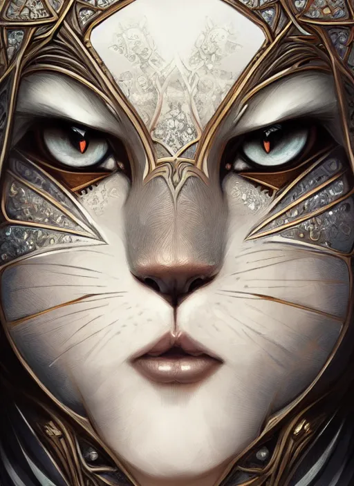 Image similar to symmetry!! close up shot of cat eyes, fantasy, medieval wear, intricate, elegant, highly detailed, digital painting, artstation, concept art, smooth, sharp focus, illustration, art by artgerm and greg rutkowski