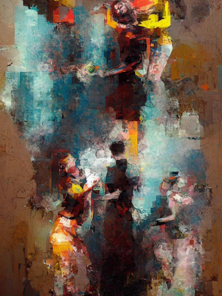 Image similar to a beautiful painting by alex kanevsky and christian hook of a couple in a glitched bathroom, metal rust and plaster materials, pixel sorting, color bleeding, brushstrokes by jeremy mann