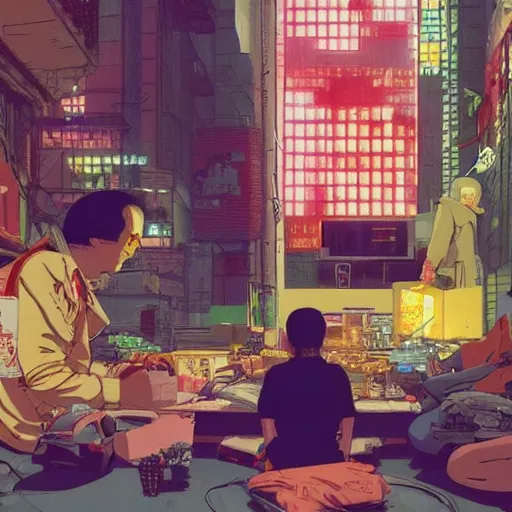 Image similar to Inside a gang hideout, cyberpunk Smoke den, wide angle, cinematic shot, highly detailed, cinematic lighting , photorealistic, 8K, created by Hideaki Anno + Katsuhiro Otomo +Rumiko Takahashi