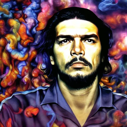 Image similar to colour masterpiece surreal closeup portrait photography of che guevara by miho hirano and annie leibovitz and michael cheval, psychedelic smoke background, 8 k