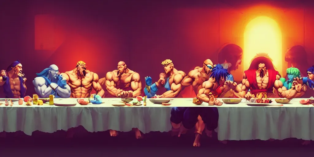 Image similar to street fighter last supper by beeple and greg rutkowski, digital painting, trending on artstation, sharp focus, 4 k