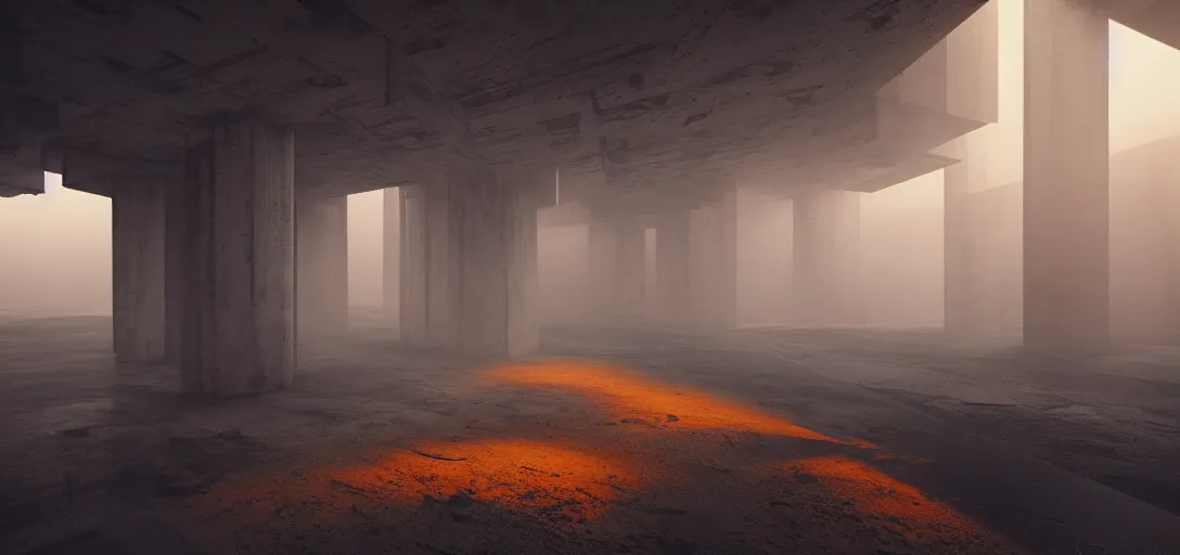 Image similar to dramatic view of empty brutalist underground structure, giant towering pillars, heavy glowing orange fog, unreal engine, dramatic lighting, detailed, ambient occlusion, global illumination, god rays, 3 d artstation render by greg rutowski and jessica rossier