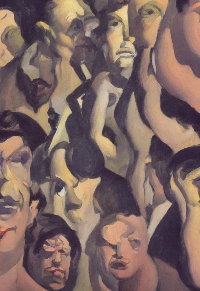 Image similar to small group of people, men and women, close - up of the faces, anatomically and proportionally correct : : surrealist oil painting by edward hopper, malcolm liepke, francis bacon and rene magritte, detailed