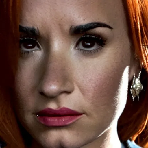 Image similar to close-up of Demi Lovato as Dana Scully in an X-Files movie directed by Christopher Nolan, movie still frame, promotional image, imax 35 mm footage