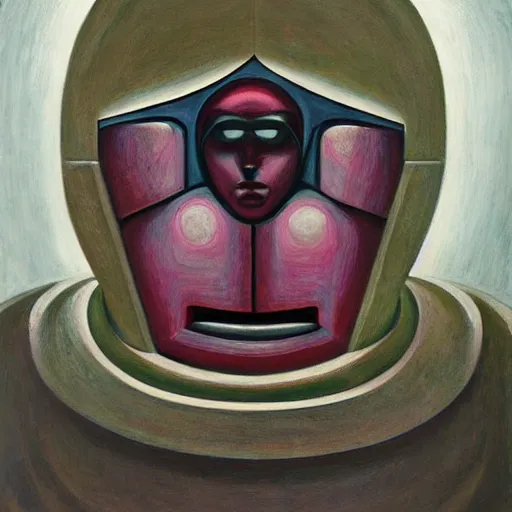 Image similar to brutalist giant sacred robot visage, portrait, cathedral, dystopian, pj crook, edward hopper, oil on canvas