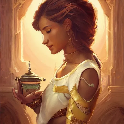 Image similar to a young female brown skinned brown haired genie, with abs, emerging from a lamp intricate, elegant, highly detailed, digital painting, artstation, concept art, smooth, sharp focus, illustration, art by artgerm and greg rutkowski and alphonse mucha