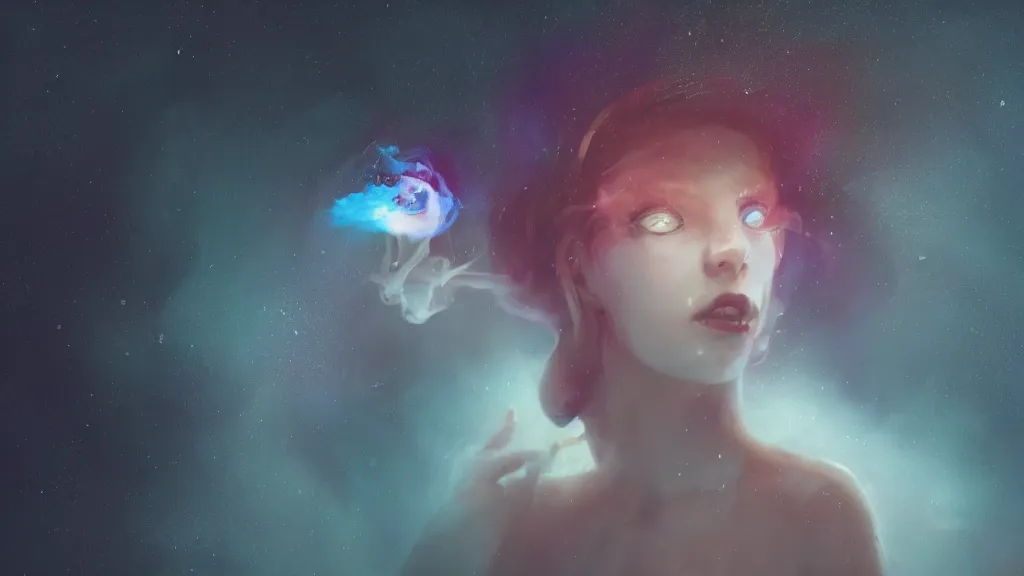 Image similar to whimsical, a single beautiful playful woman, wearing professional makeup, standing in a lake, blowing trippy smoke, under the stars, with a binary black hole with a ring in the sky, by Lois van Baarle, by Greg Rutkowski, by Ilya Kuvsninov, cinematic angle, face enhance, volumetric lighting, cinematic lighting, digital art, 4k resolution, octane render, trending on artstation, masterpiece