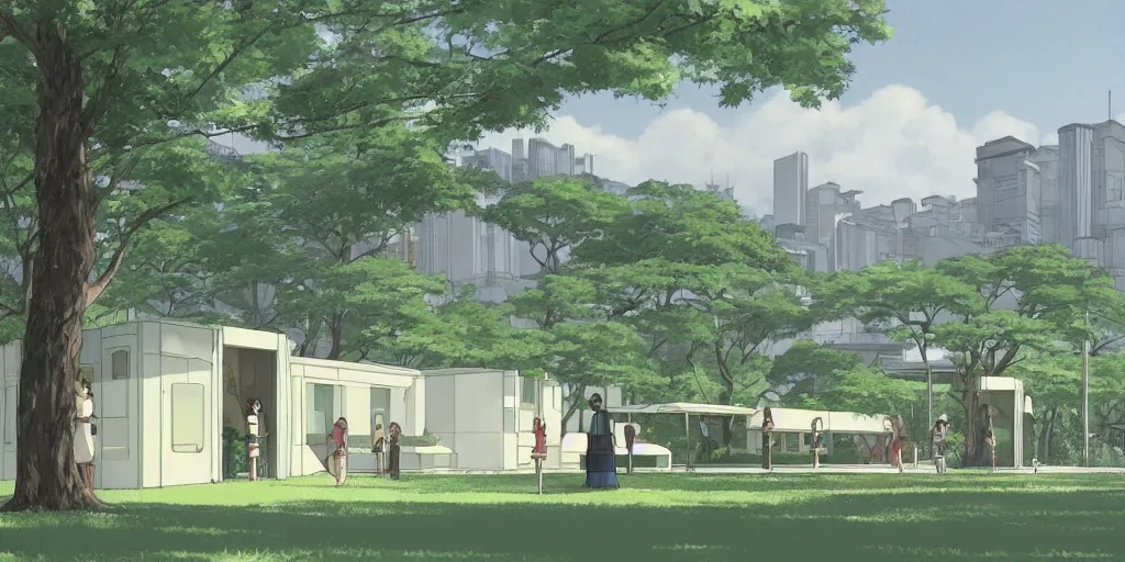 Image similar to A solarpunk round white sci-fi building in a city park, by Studio Ghibli and Edward Hopper