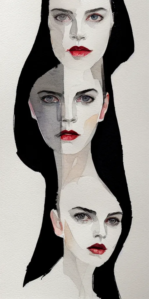 Image similar to beautiful face woman, symmetrical, grey, colorless and silent, watercolor portraits by Luke Rueda Studios and David downton