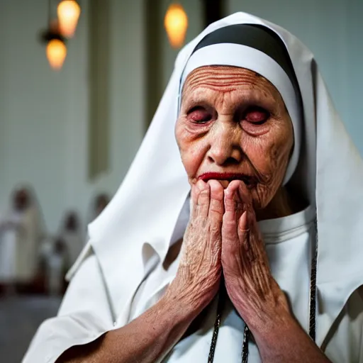 Image similar to a portrait photograph of a serious, spiritual, 6 8 - year - old nun praying in a church, lit by candles, portrait canon 8 5 mm f 1. 2 photograph head and shoulders portrait