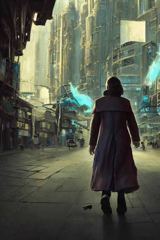 Image similar to a portrait of a small person wearing a cloke in the middle foreground walking in the street of a great green and blue sci-fi city by Greg Rutkowski, Sung Choi, Mitchell Mohrhauser, Maciej Kuciara, Johnson Ting, Maxim Verehin, Peter Konig, final fantasy , mythical, 8k photorealistic, cinematic lighting, HD, high details, atmospheric,
