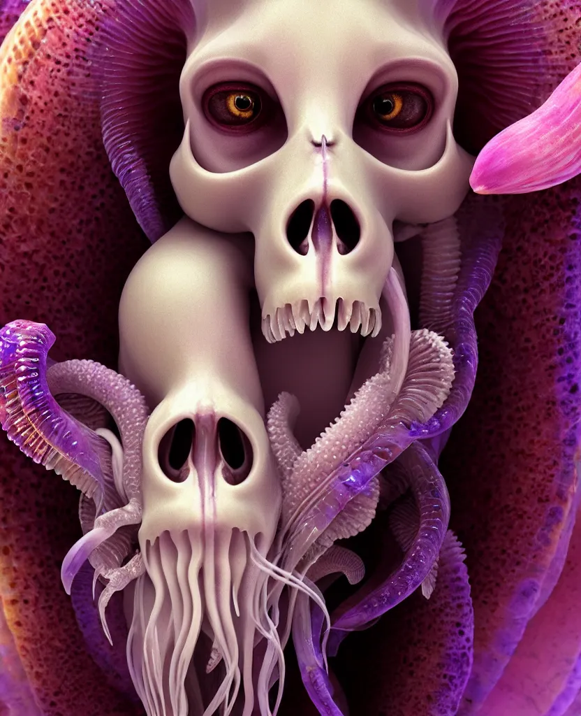 Image similar to goddess princess face close-up portrait ram skull. jellyfish phoenix head, nautilus, orchid, skull, betta fish, bioluminiscent creatures, intricate artwork by Tooth Wu and wlop and beeple. octane render, trending on artstation, greg rutkowski very coherent symmetrical artwork. cinematic, hyper realism, high detail, octane render, 8k