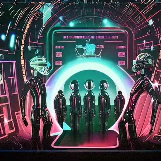 Image similar to daft punk standing in front of a gigantic robot army, cyberpunk futuristic alien landscape, weird plants, banners covered with alien writing glyphs, by Małgorzata Kmiec