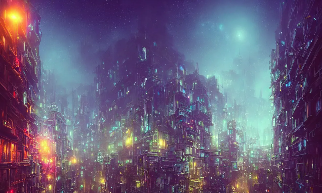 Prompt: low angle colorful photograph of a futuristic city, science fiction, night lights, beautifully lit buildings, mystic hues, distant, sharp focus, volumetric lights, digital art, RTX, hyperrealistic, cinematic, acid pixie, by lee madgwick