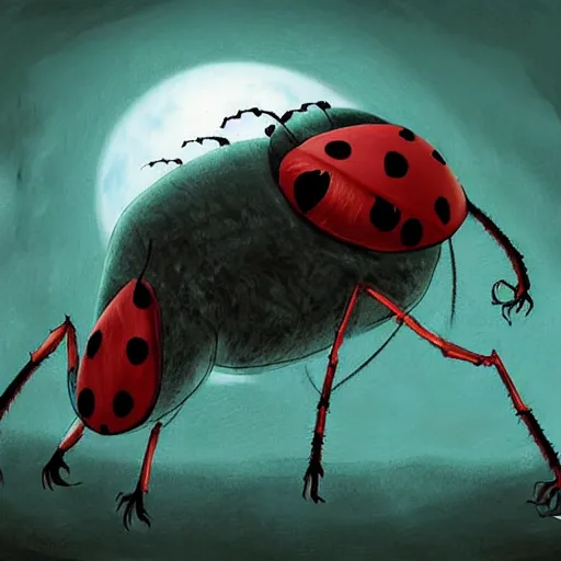 Prompt: ladybug as a huge monster, fantasy art style, scary atmosphere, nightmare - like dream