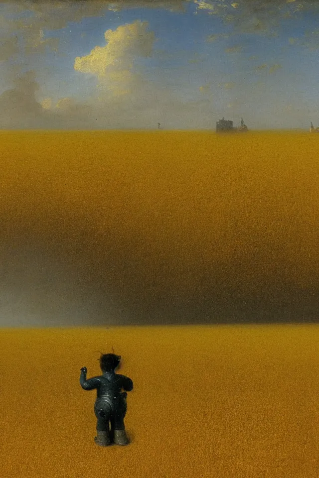 Image similar to the back view of one small terminator robot, standing in the middle of yellow wheat fields, looking at some gargantuan tall buildings by Ivan Aivazovsky, golden ratio