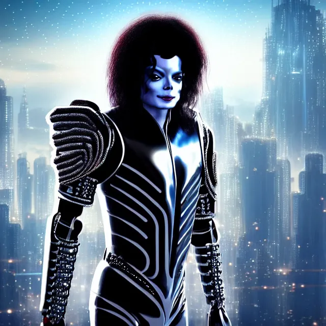 Image similar to beautiful!! futuristic cyberpunk michael jackson angel warrior with ornate slick pearl armor, highly detailed 8 k hdr smooth sharp focus high resolution award - winning photo photorealistic
