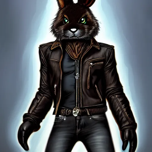 Prompt: An anthro furry anthropomorphic bunny wearing a fine intricate leather jacket and leather jeans and leather gloves, trending on FurAffinity, energetic, dynamic, digital art, highly detailed, FurAffinity, high quality, anthro, anthropomorphic, furry, digital fantasy art, FurAffinity, favorite, character art