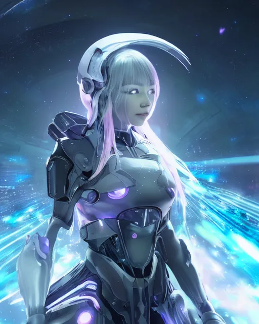 Prompt: photo of a android girl on a mothership, warframe armor, beautiful face, scifi, nebula, futuristic background, galaxy, raytracing, masterpiece, ethereal, beauty, long white hair, blue cyborg eyes, anime, flow, 8 k high definition, insanely detailed, intricate, innocent, art by akihiko yoshida, antilous chao, woo kim