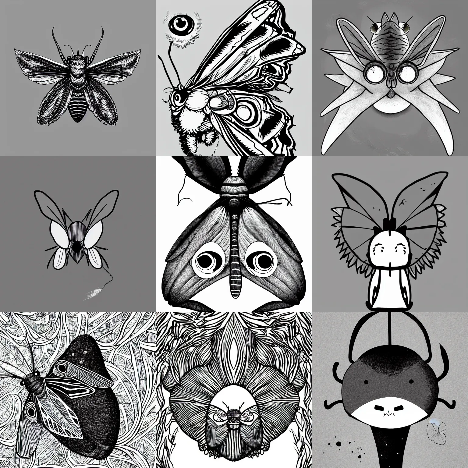 Prompt: a giant moth with bright white eyes, grayscale, cute, dark, abyssal void creature, hayao miyazaki, digital illustration, clipart, cartoon