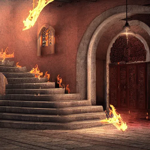 Prompt: a staircase leading up to a door with fire coming out of it, a digital rendering by kamal ud - din behzad, cg society, happening, hellish background, hellish, unreal engine