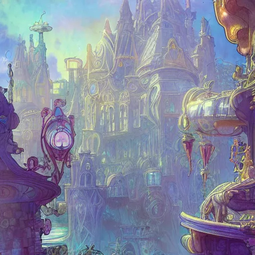 Prompt: a beautiful stunning fantasy whimsical matte digital storybook watercolor painting a cityscape of the underwater city of Atlantis, art nouveau, bubbles splash shells fish details, pastel color palette, by Alphonse Mucha and Tyler Edlin, trending on artstation hq